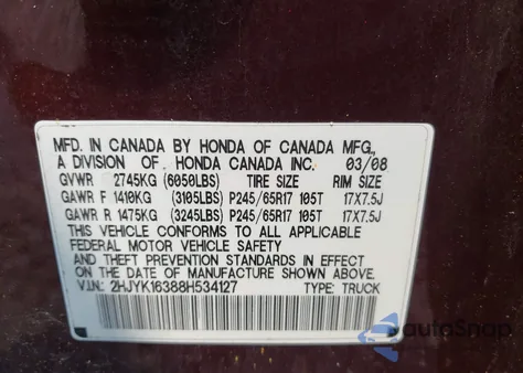 2008 Honda Ridgeline Rtx z USA, uszkodzony, nr VIN 2HJYK16388H534127